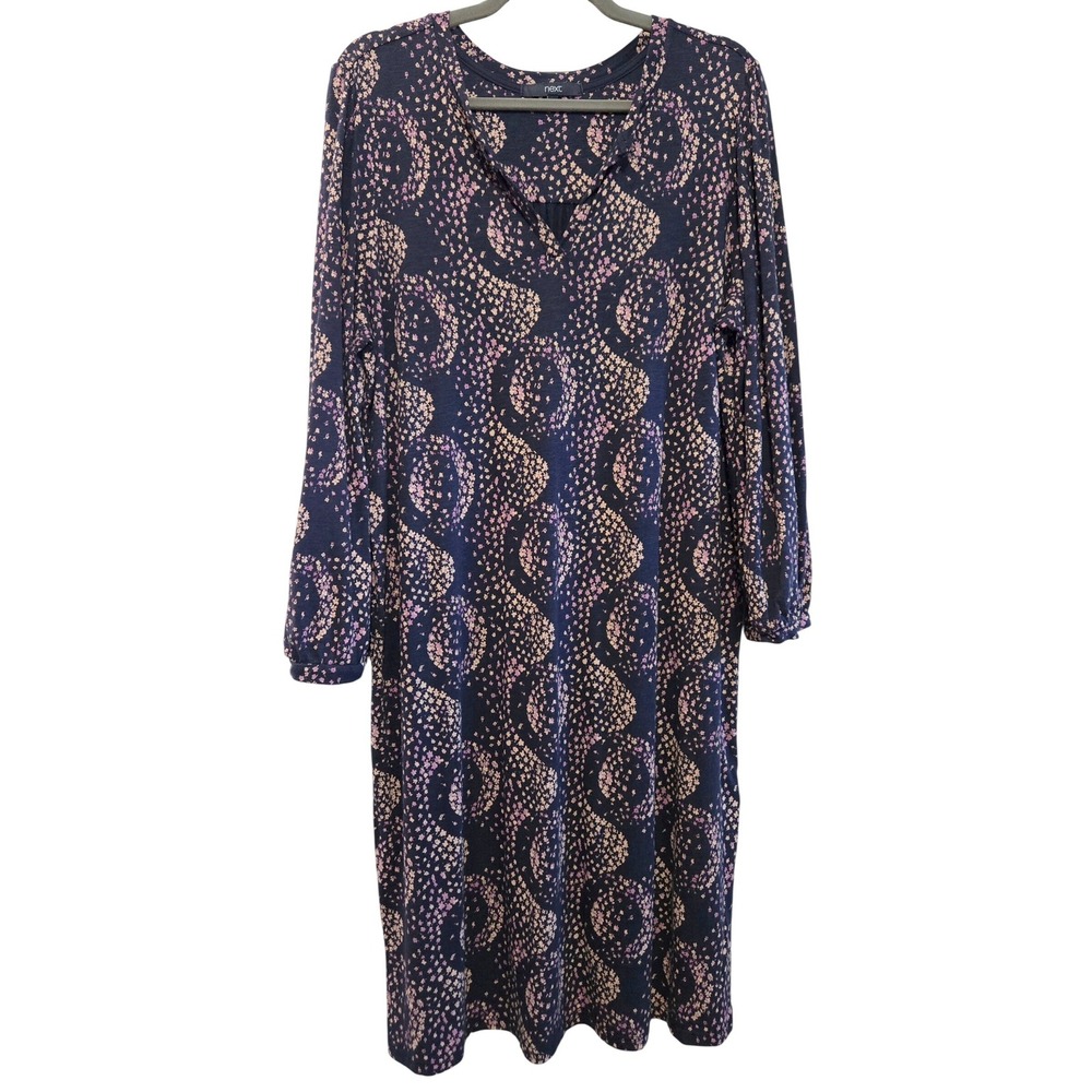 Next Womens 18T Cozy Comfy Boho Navy Floral Jersey Nightgown Long Sleeve V-Neck